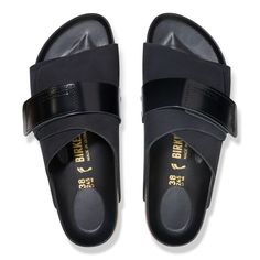 Kyoto Nubuk Leather Black Slide Sandals With Buckle Closure, Black Leather Double Strap Footbed Sandals, Classic Black Double Strap Sandals, Classic Black Slides With Textured Footbed, Black Leather Slide Footbed Sandals, Black Leather Double Strap Slides, Modern Black Slides With Textured Footbed, Black Slide Sandals With Textured Footbed, Black Textured Footbed Slide Sandals