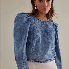 Questions? Leave A Comment Below! Fitted Denim Top With Puff Sleeves, Medium Wash Puff Sleeve Top For Spring, Chic Blue Washed Denim Top, Chic Medium Wash Denim Top, Chic Washed Tops For Fall, Chic Washed Blue Long Sleeve Denim Top, Chic Washed Blue Denim Top For Fall, Medium Wash Cotton Puff Sleeve Top, Fitted Denim Blue Puff Sleeve Top