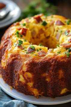 a bundt cake with eggs and bacon on top