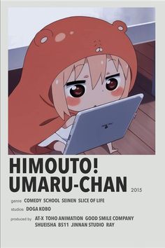 a poster with an anime character using a laptop on the floor in front of her