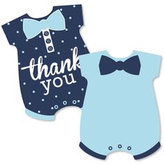 two baby onesuits with the words thank you in white and blue on them