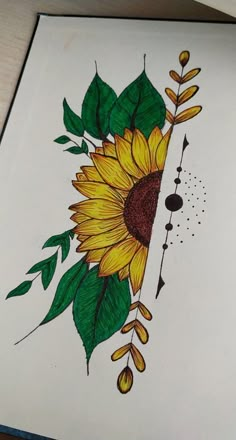 a drawing of a yellow sunflower with green leaves and arrows on the bottom half