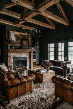 a living room filled with furniture and a fire place in the middle of it's walls