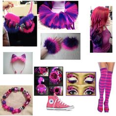 a collage of pink and purple items including shoes, bracelets, hair accessories