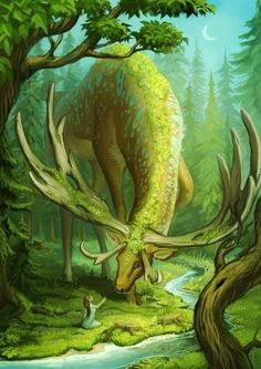 an animal with large horns standing next to a stream in the woods, and trees around it