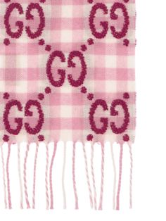 Width: 6.3cm Length: 55cm. Fringed edges. All over GG logo pattern placement may vary Logo Scarves, Gucci Kids, Checked Scarf, Embroidered Wool, Patterned Scarves, Jacquard Pattern, Print Trends, Logo Pattern, Monogram Design