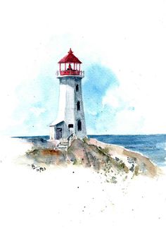 a watercolor painting of a lighthouse on the beach