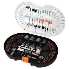 a case filled with lots of different types of sewing needles and threading tools on top of a white surface