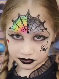 Wednesday Addams Face Paint, Easy Witch Face Paint Kids, Wednesday Face Paint, Easy Spider Web Face Paint, Fast Face Painting Designs, Halloween Face Paint Spider Web, Witch Face Painting, Maquillaje Halloween Infantil, Spiderweb Face Paint Kids