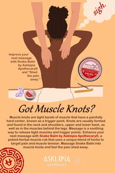 Muscle knots are tight bands of muscle that have a painfully hard center, known as a trigger point. Knots are usually formed and found in the neck and shoulders, upper and lower back, as well as in the muscles behind the legs. Massage is a soothing way to release tight muscles and trigger points. Enhance your next massage with Snake Balm by Asklepia Apothecary®, a potent-herbal muscle rub that uses a unique blend of herbs to target pain and muscle tension. Massage Snake Balm into muscle knots and feel the pain shed away… sigh. Cold Plunges, Feet Therapy, Sore Muscle, Pain Medicine, Muscle Knots, Massage Therapy Techniques, Muscle Rub, Health Tonic, Medical Herbs