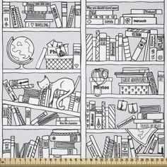 black and white illustration of bookshelves full of books with cats, dogs and other things