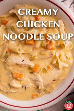 creamy chicken noodle soup in a red and white bowl with text overlay that reads creamy chicken noodle soup