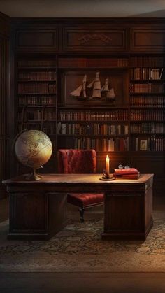 a desk with a globe on it in front of a bookcase filled with books