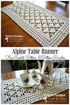 the table runner is made with crochet and has three cups on top of it