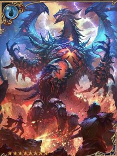 a card with an image of a giant dragon on it's back, surrounded by flames