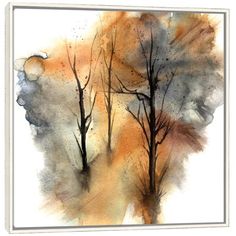 an abstract watercolor painting with trees in the background