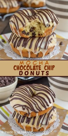 chocolate chip donuts are stacked on top of each other