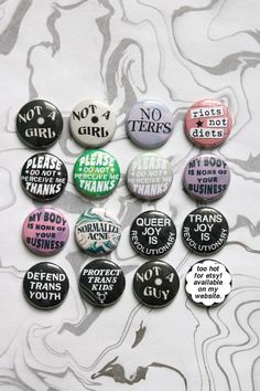 Vintage Queer Pins, Queercore Punk, Nonbinary Positivity, Queer Crafts, Cottage Punk, Queer Pins, Queer Punk Fashion, Diy Buttons Pins, Small Business Stickers