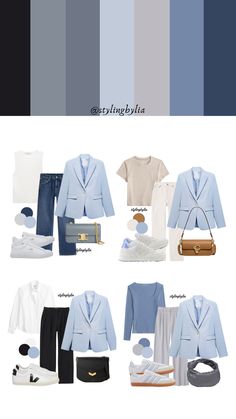 Sky blue blazer outfit combination and ideas Colour Combinations Outfit Ideas, Summer Color Outfits Fashion Ideas, Outfit With Blue Blazer, Blue Inspo Outfit, Colors That Go With Light Blue Outfits, Sky Blue Blazer Outfit, Blazer Color Combination Women, Blue Grey Outfits Women, Blue Colour Combinations Outfit