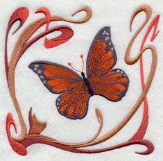 an embroidered butterfly with swirls on it's wings and tail, in the shape of a heart