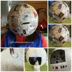 several pictures of a person's head made out of newspaper balls and paper machs