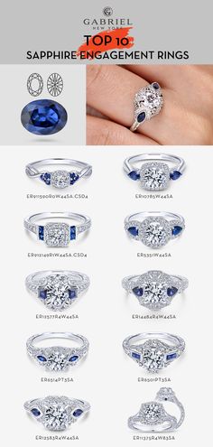 an advertisement for sapphire engagement rings with different styles and colors on it's side