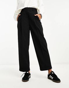 ASOS DESIGN tapered pants with turn up hem in black  | ASOS Business Casual With Black Sneakers, Converse With Slacks, Sporty Corporate Outfit, Corporate Casual Women Office Wear, Relaxed Fit Workwear Pants With Rolled Hem, Relaxed Fit Rolled Hem Pants For Workwear, Relaxed Fit Pants With Rolled Hem For Workwear, Workwear Bottoms With Rolled Hem And Tapered Leg, Tapered Leg Bottoms With Rolled Hem For Work