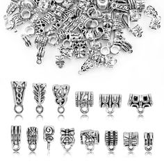 many different types of beads and chains on a white background