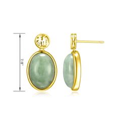 Finish off your ensemble with these 18k gold plated "Good Fortune" jade drop earrings. Finish off your ensemble with these 18k gold plated "Good Fortune" jade drop earrings. Length: 22.45mm Backings: post Nickel free Metal: sterling silver Plating: 18k gold Finish: polished Inscription: Good Fortune Packaging: pouchSTONE DETAILS Stone type: jadeite jade Total weight: 11 1/2 ct. Center stone size: 14mm x 10mm Shape: cabochon Setting: glue/epoxy Gemstones may have been treated to enhance their app Green Jade, Good Fortune, Jade Green, Gold Finish, Glue, Jade, 18k Gold, Gold Plate, Plating