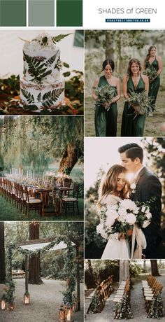 a collage of green and white wedding color palettes with greenery, flowers, candles, and bridesmaid's dresses