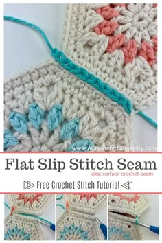 the crochet stitch stitch pattern is shown in three different colors, including blue and pink