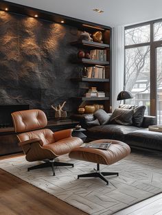 a living room with leather furniture and a large window