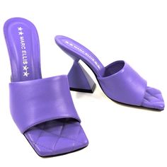 100% Leather Imported Mde In Italy Leather Upper Leather Lining Heel Is 4" Handmade Purple Leather Block Heels, Designer Purple Leather Heels, Purple Leather Square Toe Heels, Purple Square Toe Leather Heels, Trendy Party Heels With Leather Sole, Formal Purple Leather Sandals, Elegant Purple Square Toe Heels, Luxury Purple Leather Sandals, Chic Purple Square Toe Heels