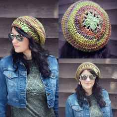 two pictures of a woman wearing a crocheted hat and jacket with sunglasses on her head