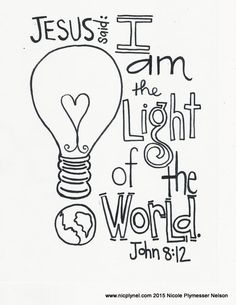 a black and white drawing with the words jesus i am the light of the world