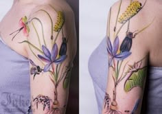 two pictures of the same woman's arm with flowers and butterflies tattooed on it