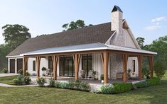 this is a computer rendering of a small house with porches and covered patios