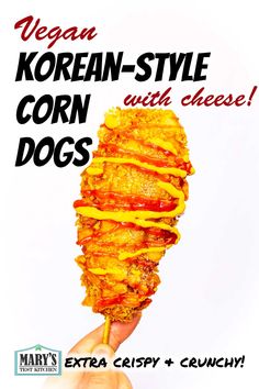 an advertisement for korean style corn dogs on a white background with the words vegan - style corn dogs extra crispy + crunch