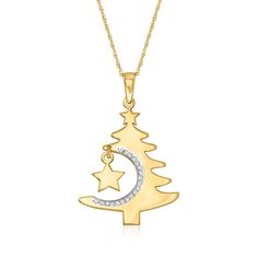 Ross-Simons - 14kt Yellow Gold Cut-Out Christmas Tree Pendant Necklace, Diamond Accents. 20". This pendant necklace is festive and fun! The cut-out design beholds a decorated Christmas tree that glows with white rhodium-set diamond accents and features two stars. Crafted in polished 14kt yellow gold. Suspends from a rope chain. Springring clasp, 14kt yellow gold Christmas tree pendant necklace. Diamond birthstones are the perfect gift for April birthdays. Pendant Necklace Diamond, Necklace With Diamond, Latest Jewellery Trends, Detailed Necklace, Diamond Birthstone, Gold Christmas Tree, Necklace Diamond, Tree Necklace, Meaningful Jewelry