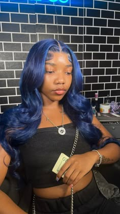 Wigs With Color Highlights, Dark Blue Frontal Wig, Royal Blue Wig Install, Dark Blue Hair Wig, Blue Wig On Dark Skin