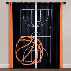 an orange and black curtain with a basketball drawn on it