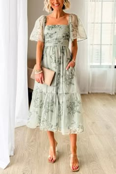 3 Colors Square Neck Short Sleeve Ruched Floral Midi Dress – Margovil Brocade Pattern, High Waist Dress, Linnet, Green Midi Dress, Floral Midi Dress, Club Dresses, Synthetic Fiber, Pleated Dress, Mid Calf