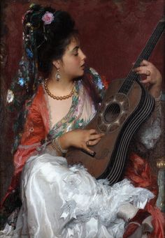 a painting of a woman with a guitar in her lap and wearing a headdress