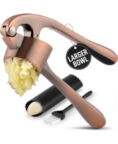 an image of a potato peeler and tongs with the word larger bowl above it