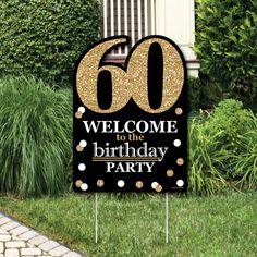 a sign that says welcome to the 80th birthday party with gold glitters on it