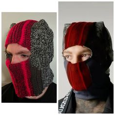 two men wearing knitted face coverings one in red and the other in black