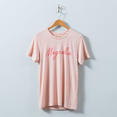 2019 Spring at the Silos Shirt | Magnolia Magnolia Logo, Dusty Peach, Event Shirts, Rayon Shirt, Letter Design, Block Lettering, School Shirts, Shirt Sale, Crew Neck Tee