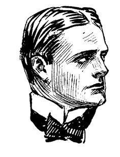 a black and white drawing of a man wearing a bow tie with his head turned to the side