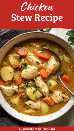 chicken stew recipe in a bowl with a spoon