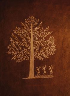 a tree with people walking around it on a brown background